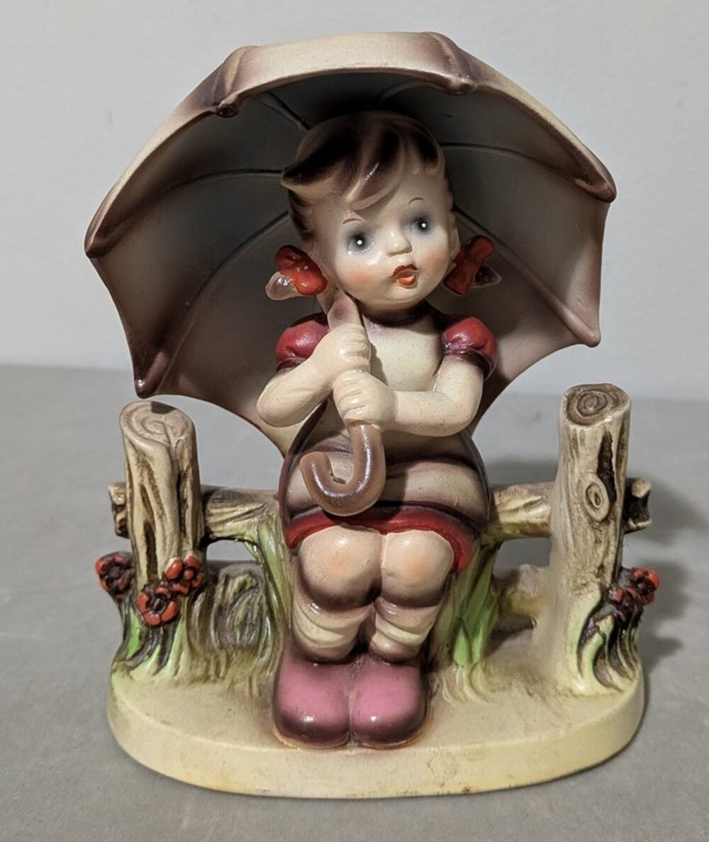 Vtg Erich Stauffer Umbrella Girl on Fence Figurine 55/1087 Japan Hummel Style